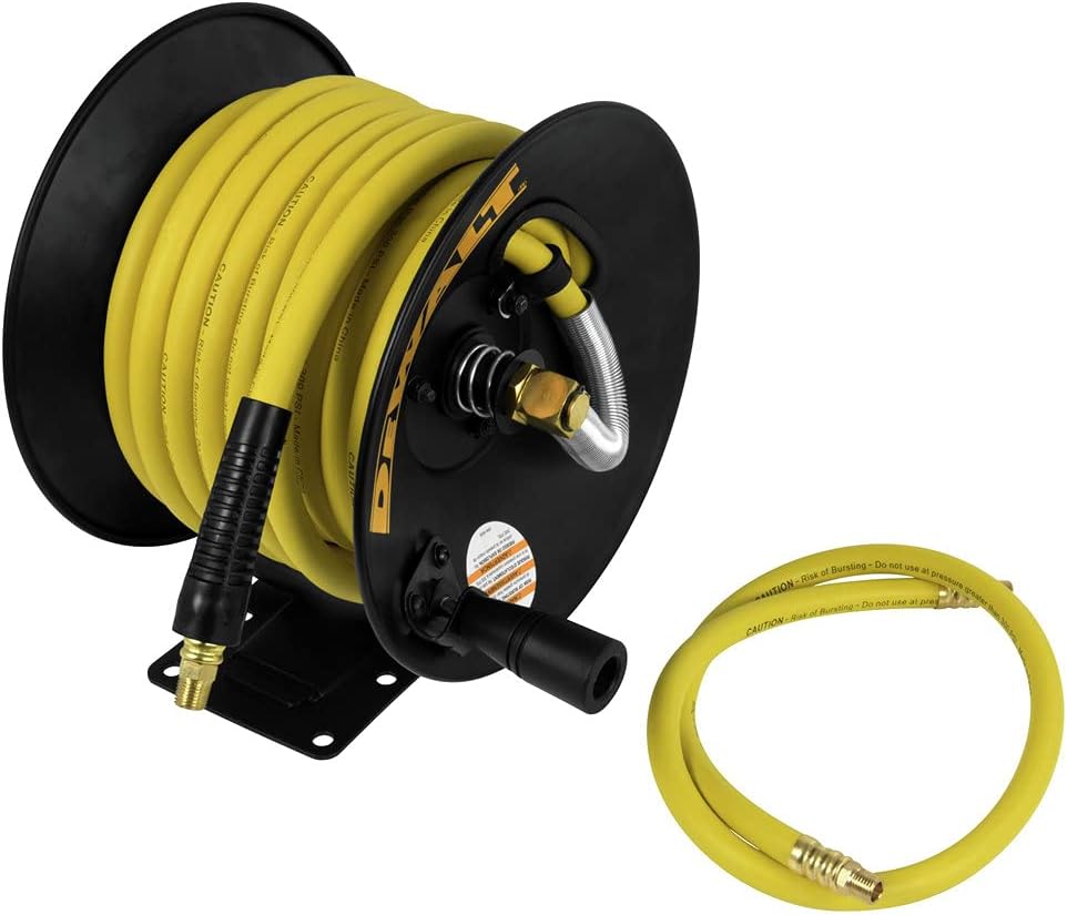 DEWALT DXCM024-0348 3/8" x 50' Manual Hose Reel with Rubber Hose, Yellow & 25pc Industrial Coupler & Plug Kit (DXCM024-0412)