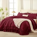 Andency Burgundy Ruffle Comforter Set King, Shabby Chic Farmhouse Bedding Comforter, Soft Lightweight Fluffy Polyester Bet Set All Season 3 Pieces Solid Comforter Set
