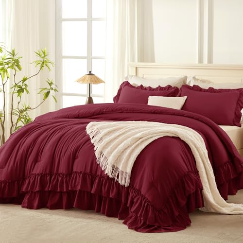 Andency Burgundy Ruffle Comforter Full Set, 3pcs Vintage Farmhouse Shabby Chic Bedding Comforter Set, Soft Lightweight Fluffy Bed Comforter Sets All Season Bedding Set
