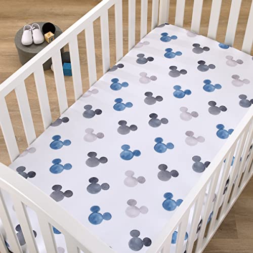 Image of Disney Mickey Mouse - Black, White and Blue Watercolor Mickey Ears Nursery Fitted Polyester Mini Crib Sheet