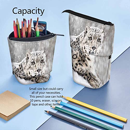 Image of Swono Snow Leopard Pencil Pouch Frontal Portrait Snow Storm Stand Up Pencil Case Pencil Holder Cosmetics Bag For Women Men