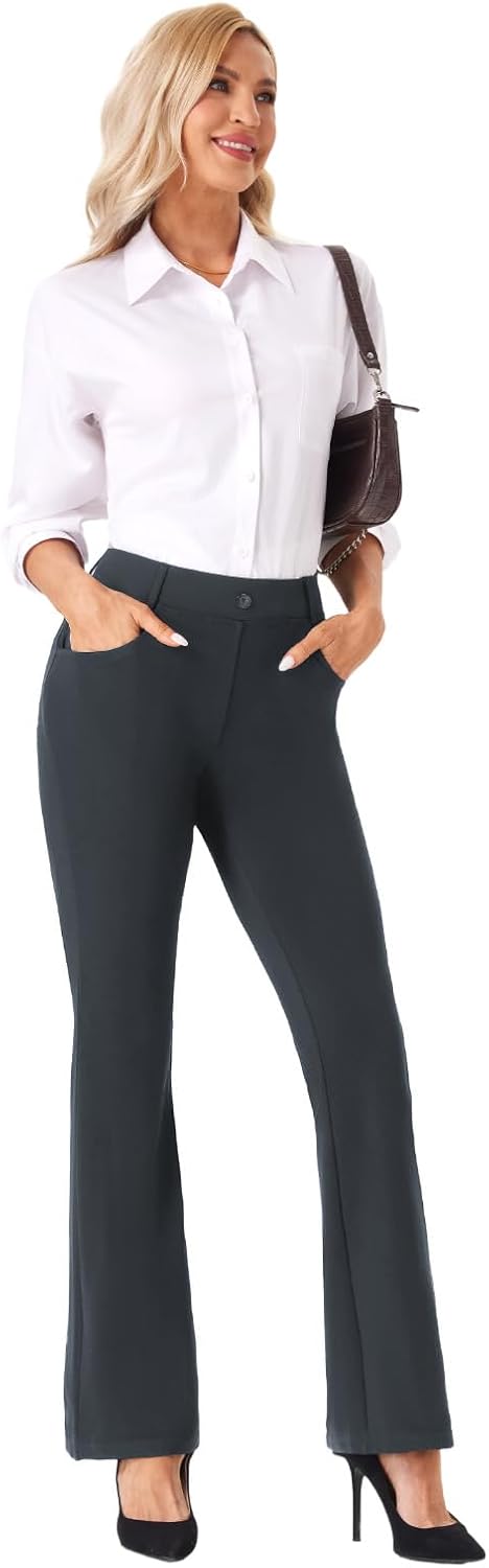 Womens Straight Leg Dress Pants Stretchy Bootcut Work Pants Button Casual Slacks with Pockets - Image 5