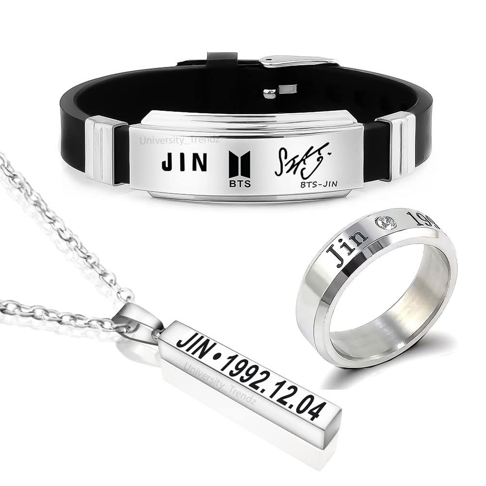 University Trendz Unisex BTS Fan Combo -Jin Signature Silicon Bracelet, Bangtan Kpop Bar Pendant Necklace & DOB Engraved Stainless Steel Ring (Pack of 3) (B09NDF6H3R) Amazon Price History, Amazon Price Tracker