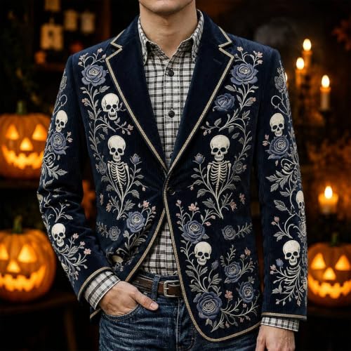 Halloween Suits for Men Halloween Blazer Men Corduroy Skeleton Floral Print Long Sleeve Blazer Black 01 Large - image 3