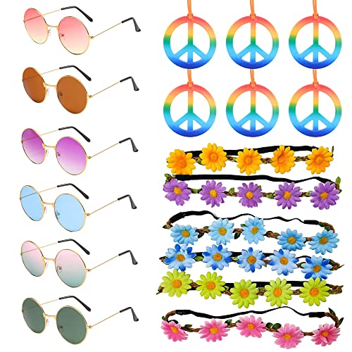 AWCIGG® Juego de Disfraz Hippie de 18 Piezas, Gafas de Sol Redondas Retro, Collares con el Signo de la Paz y Diademas de Margaritas y Girasoles para Accesorios de Vestir de Los Años 60 y 70 de Hippie
