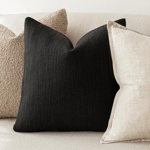Image of Foindtower Set of 2 Decorative Textured Burlap Linen Throw Pillow Covers Farmhouse Boho Cushion Cover Solid Accent Pillowcase for Couch Sofa Bed Living Room Home Decor, 22x22 Inch,Black
