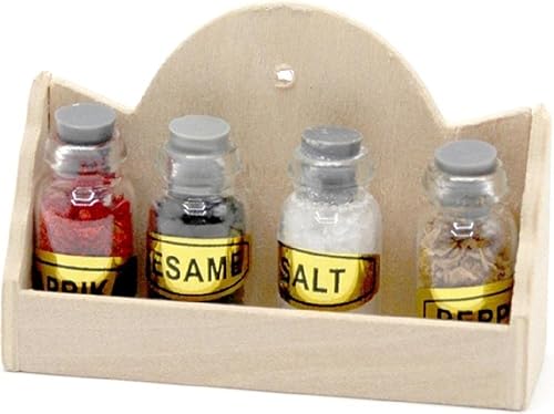 Estante de pared para casa de muñecas con tarros de especias, accesorio de cocina en miniatura de madera desnuda