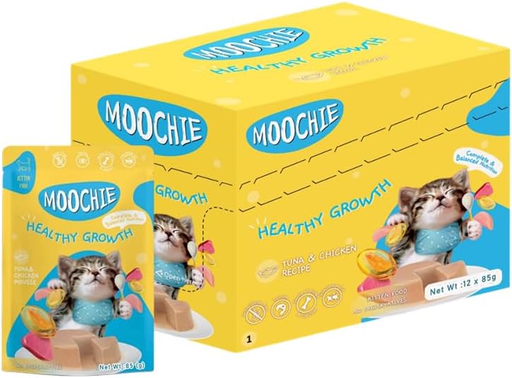 Moochie Tasty Wet Cat Food, Grain Free Cats Gravy Meal (85 g X 12 Pouches) Healthy Growth Tuna Mousse with Chicken, No Artificial Flavours Kitten Food, Non-Vegetarian Cat Foods Pouch