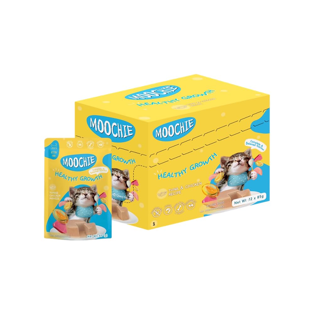 Moochie Tasty Wet Cat Food, Grain Free Cats Gravy Meal (85 g X 12 Pouches) Healthy Growth Tuna Mousse with Chicken, No Artificial Flavours Kitten Food, Non-Vegetarian Cat Foods Pouch