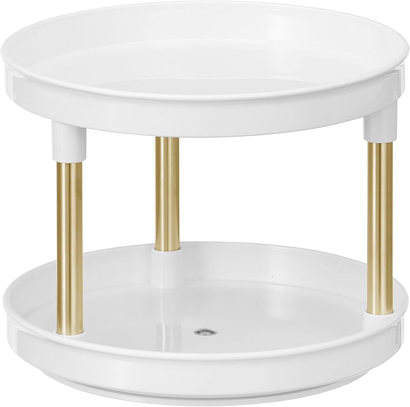 mDesign Spinning 2-Tier Lazy Susan Turntable Storage Tower, Rotating Organizer for Bathroom Cabinet, Vanity Counter, Sink - Double Decker Carousel Makeup Organizer, Ligne Collection, White/Soft Brass