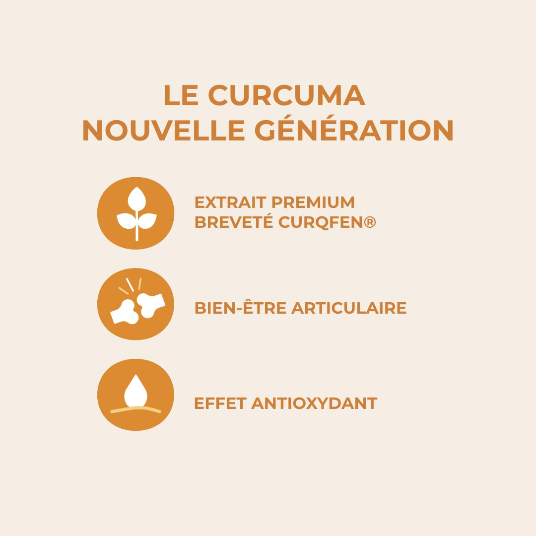 Curcuma BIO breveté CurQfen® | Curcumine microencapsulée biologique = assimilation supérieure à la pipérine poivre noir | Résultats prouvés par études cliniques| Curaform