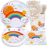 Atonofun Rainbow Party Supplies, Rainbow Plates and Napkins Sets, Rainbow Paper Plates, Cups, Napkin