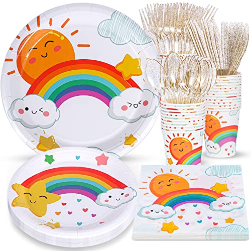 Atonofun Rainbow Party Supplies, Rainbow Plates And Napkins Sets, Rainbow Paper Plates, Cups, Napkins And Cutlery For Girl's Birthday, Baby Shower, Rainbow Birthday Decorations Serves 24 #TOP10