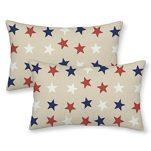 Gohdiwh 4th of July Throw Pillow Covers 12x20 Inch Set of 2, Red Blue White Stars Patriotic Decorative Outdoor Cushion Cover Independence Memorial Day Pillow Cases Linen Farmhouse for Sofa Couch Bed