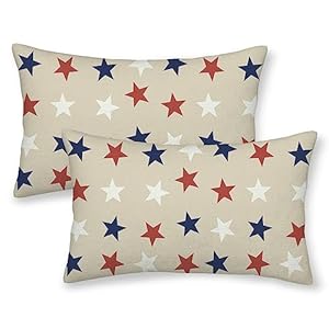 4th of July Throw Pillow Covers 12×20 Inch Set of 2, Red Blue White Stars Patriotic Decorative Outdoor Cushion Cover Independence Memorial Day Pillow Cases Linen Farmhouse for Sofa Couch Bed