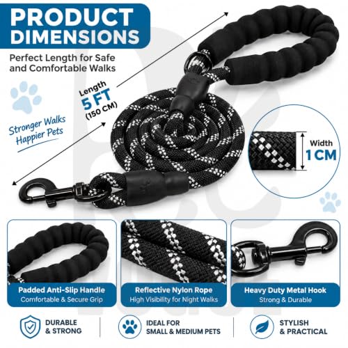 Image of PetVogue FT Nylon Rope Dog Leash, Heavy Duty Training & Walking Lead for Small, Medium & Large Dogs, Reflective Pet Walking Cord with Comfortable Padded Handle & Strong Metal Clip (Black)