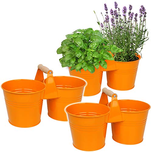 alles-meine.de GmbH Design - doppelter 2er - Blumentopf/Pflanzkübel/Pflanzschale - Metall - mit Holzgriff/Henkel - orange - 34 cm - RUND - frostsicher - MITTEL groß - Eimer..