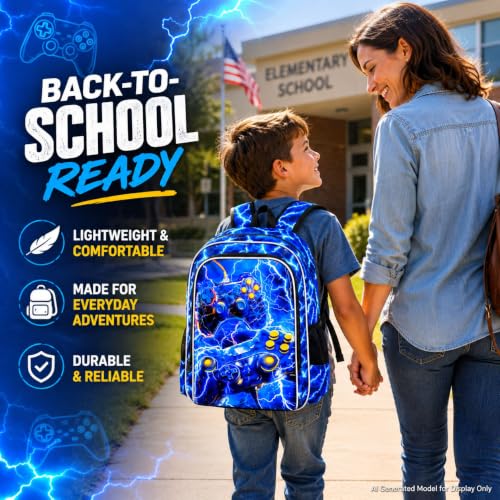Image of 3Pcs Gamer Backpack for Boy, 17 inch Lightning School Bookbag for Elementary Preschool Kindergarten, Kids School Thunder Backpacks with Lunch Box (Blue)