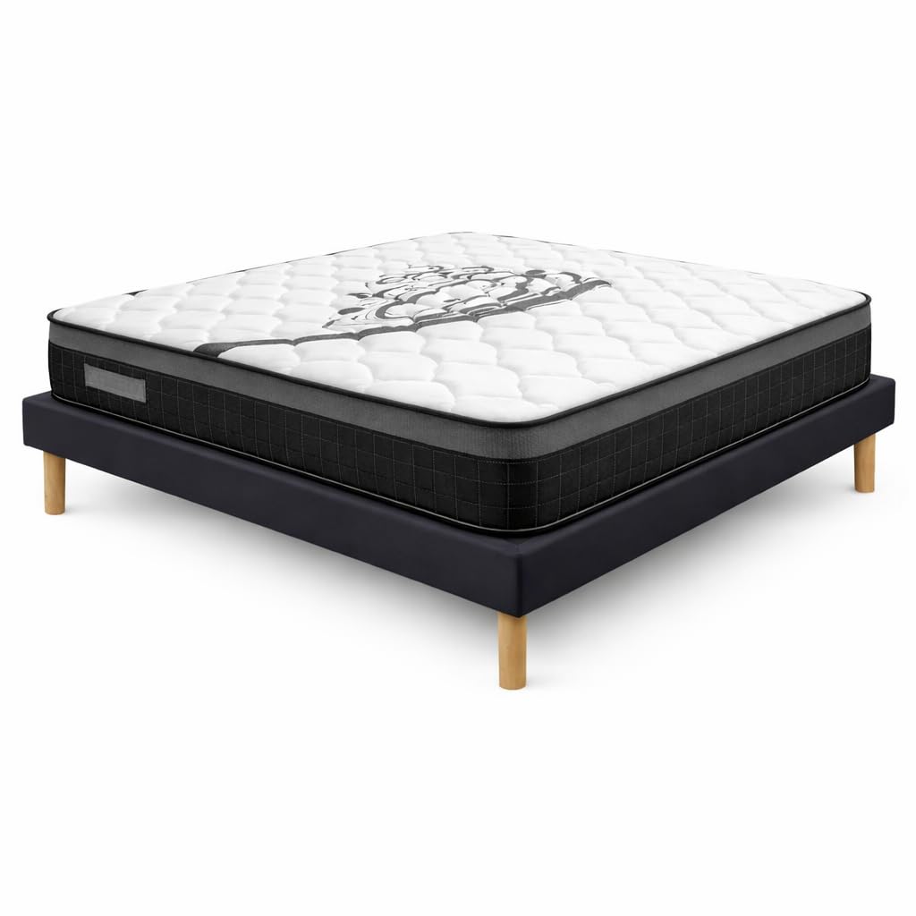 Ensemble Sommier Tapissier et Matelas 120x190 cm - Couleur : Noir - Sommier Déhoussable avec Pieds 20 cm et Lattes Multiplis - Matelas Soutien Ferme Mousse Haute Densité -