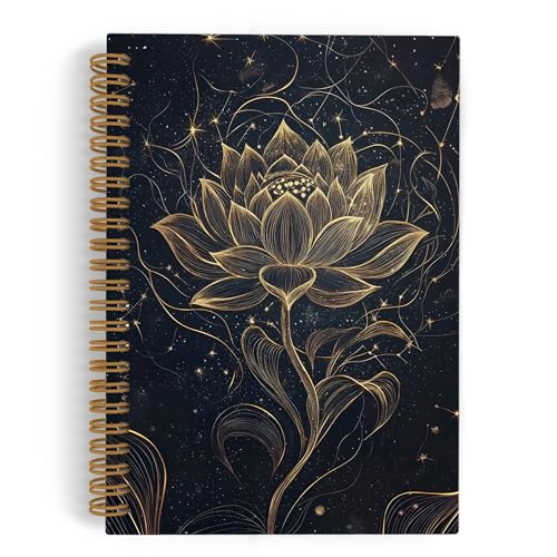 QLMX Gold Lotus Floral Spiral Notebook, Lotus Flower Journal Notebook, Yoga Spiritual Notebooks for School Work, Inspirational Meditation Office Supplies Gifts for Women, 5.5x8.3 Inch