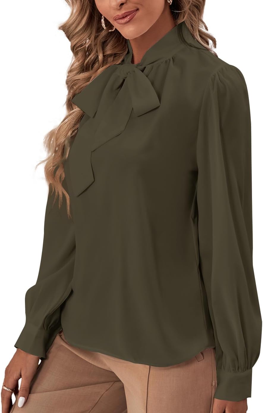 Rooscier Women's Bow Tie Neck Long Sleeve Buttton Cuff Chiffon Elegant Blouse - Image 5