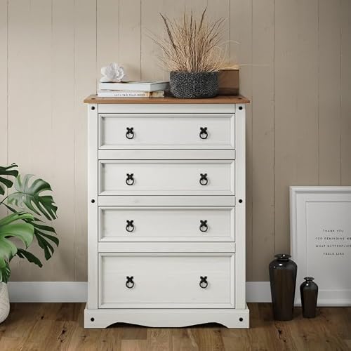Image of Mercers Furniture Corona Chest Of Drawers White Wax Compact Solid Wood Pine Wooden Painted 4 Drawer Bedroom Storage Cabinet Shabby Chic Mexican Design 113cm High 82cm Wide 40cm Deep