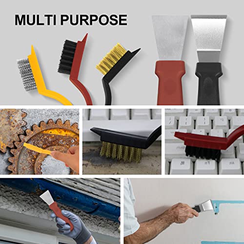 Wire Brush For Cleaning With Putty Knife Scraper Set 5-Pack Brass/Stainless Steel/Nylon Wire Brushes Match Window Tool Glass Scraper Remover For Paint, Caulk, Adhesive, Sticker From Tile, Stove Top #TOP4