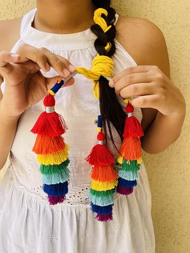 Image of Zippy Flora Satrang Cotton Parandi (Multi) | Handmade Boho Parandi | Traditional Hair Accessory with Braid Tassles & Shells | Hair Extension |Choti for Women | 22 Inches Length