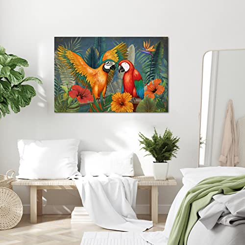 Parrot Paintings Canvas Wall Art Hawaii Parrot Bird Picture Artwork Tropical Leaves Animal Print Poster For Home Living Room Bedroom Wall Decor Framed Ready To Hang 24X36 Inch #TOP3