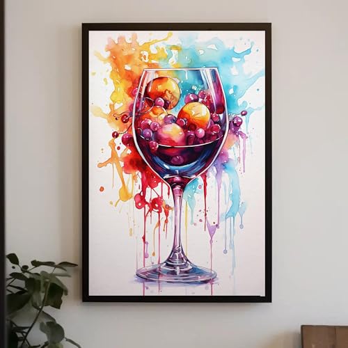 Affiches décoratives colorées de verre à vin, peinture abstraite et toile aquarelle