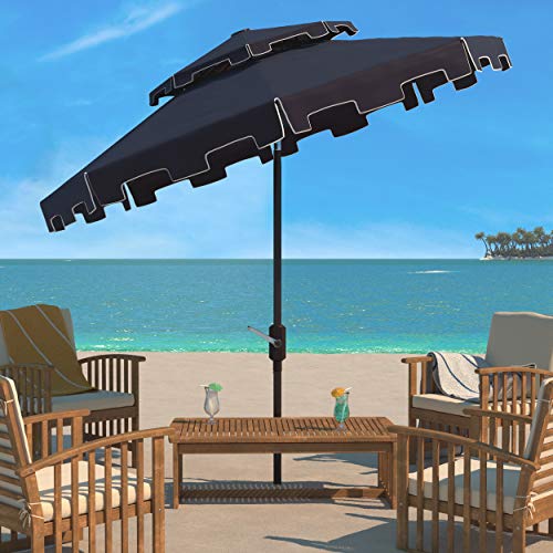 Safavieh PAT8200A Outdoor Zimmerman Navy and White 9-Foot Double Top Market UV Protected Umbrella