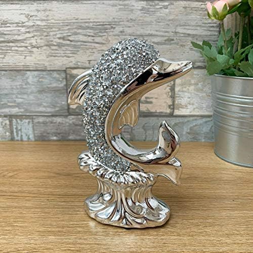 Silver Sparkle Dolphin Ornament Crystal Diamante Ceramic Decorative Figure Gift
