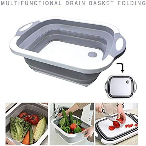 D L D - Tagliere pieghevole con scolapasta, pieghevole e multifunzione, in plastica, in silicone, per lavare e scolare, colore: bianco - Immagine 5