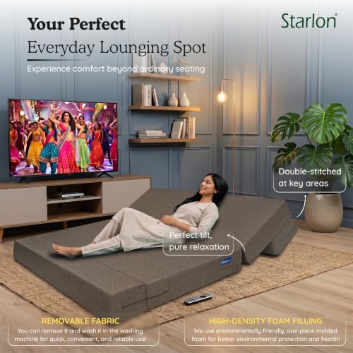 Image of Starlon 3 Seater Sofa Cum Bed Foldable 3-in-1 Sofa Bed with 1 Year Warranty, Washable Jute Fabric Cover & 2 Geometrical Pillows | Guest Bed | Coffee Brown 5x6.5 Ft