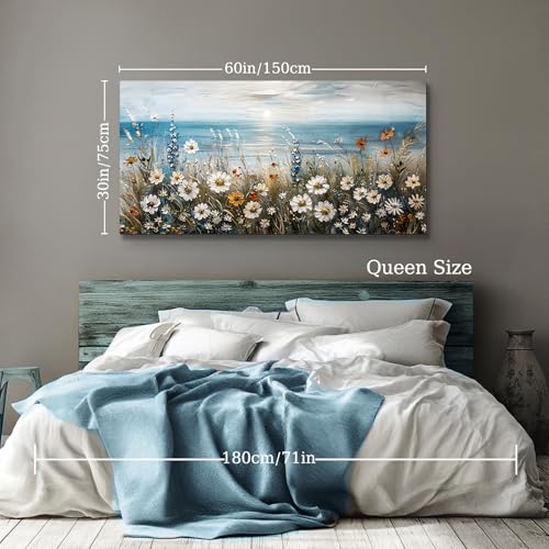 SERIMINO Large Wall Art for Living Room, Coastal Landscape Wall Decor, Beach Daisy Canvas Prints Farmhouse Decor, Wildflowers Bathroom Pictures Home Decor Aesthetic, Dining Room Kitchen Artwork 30"X60"