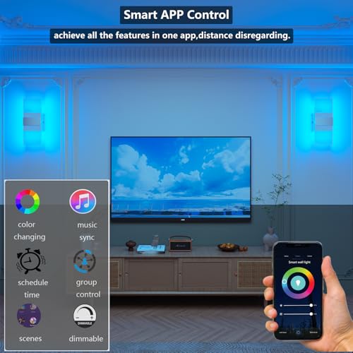 Image of LAMPAOUS Smart Wall Sconces RGB Wall Light Fixtures Alexa Enabled LED Wall Sconce Set of Two,Smart App,Remote Control Wall Mount Lamp for Bedroom Decor,Plug in & Hardwire Installation,Sliver White