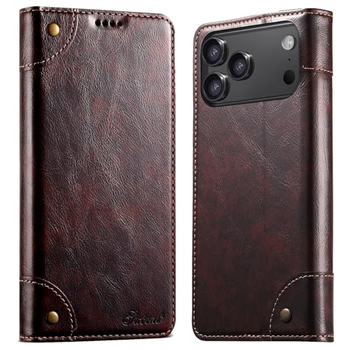 Étui iPhone 17 Pro café en cuir rétro au rabat magnétique élégant