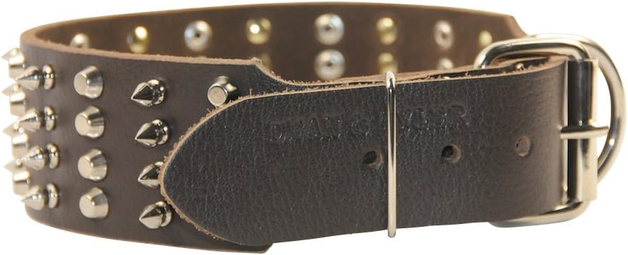 Dean & Tyler 4 Rows Combo Extra Wide Dog Collar with Nickel Spike and Stud, Brown, Fits Neck Size 26 by 30-Inch