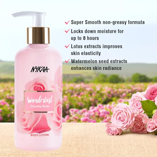 Image of Nykaa Wanderlust Bath and Body Country Rose Body Lotion For Unisex, 300 Ml| Smooth, Non-Greasy Formula| Up To 8 Hours Intense Moisturization|For Smooth & Moisturized Skin| Suitable For All Skin Types | Smooth Non-Greasy Formula, Up To 8 Hours Intense Moisturization, For Smooth & Moisturized Skin, Suitable For All Skin Types