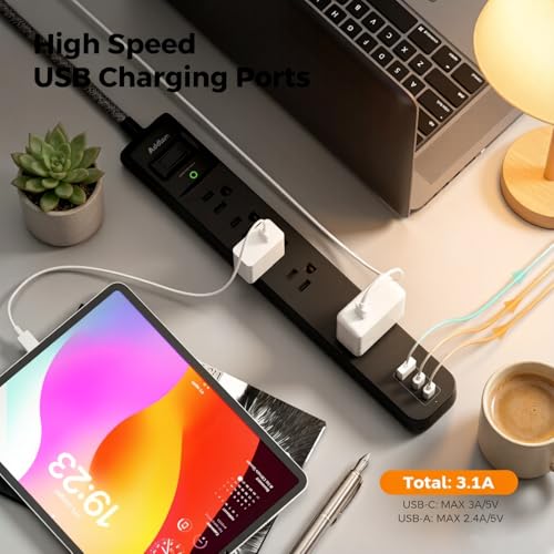 Addtam 2 Pack Power Strip Surge Protector – 5 Wide Spaced Outlets 3 USB (2 USB-C) Charging Ports, 1875W/15A, 15ft Braided Cord, Flat Plug, Overload Surge Protection, Wall Mount for Home, Office & Dorm by Addtam - Image 3