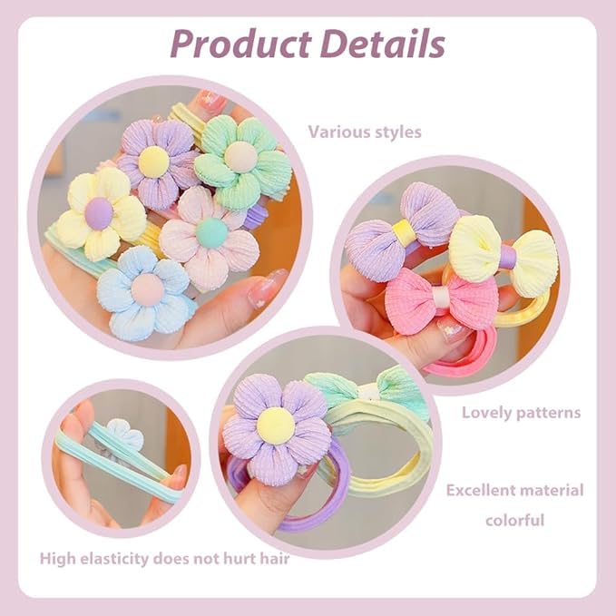 Babymoon Set of 12 | Baby Girl’s Ponytail Pastel Flower & Bow Kids Hairband Rings | Fashion Hair Accessories - Image 4 thumbnail