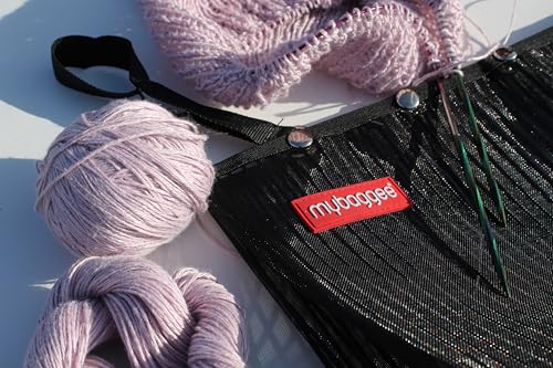 Image of Jumbo 7 Snaps Mesh Travel Knitting Bag with Snap Opening, Lightweight Nylon Storage Pouch for Yarns, Needles and Accessories (Black)