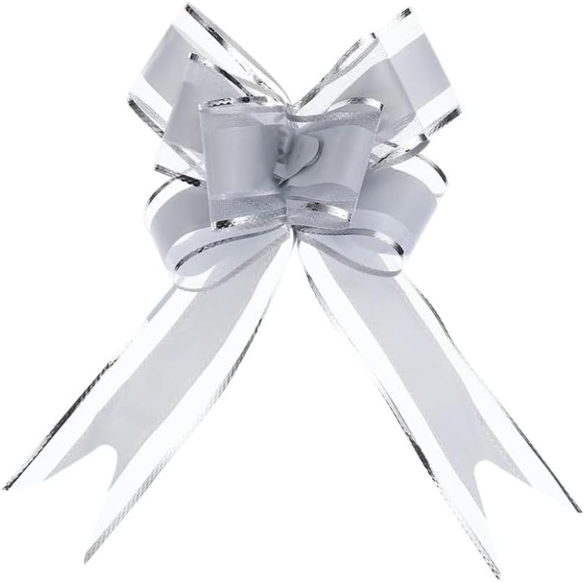 Sthavar 10 Pieces Large Pull Flower Ribbon Bows,Organza,Pull Bows,Ribbon Gift Wrapping Bows,Ribbon, Gift Wrap Ribbon Pull Bows for Christmas,Diwali,Presents Birthday Wedding Valentine Crafts (Silver)