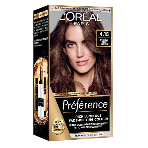 Image of L'Oreal Paris Preference Hair Dye, Luminous Permanent Rich Hair Colour, Long Lasting Brilliance, Achieve Radiant, Salon-Inspired Results, Shade: 4.15, Caracas