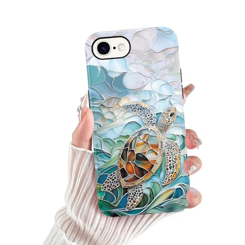 lioscre for iPhone 16e / 17e Stained Glass Phone Case 6.1", Aesthetic Blue and Green Turtle Ocean Sea Case Cute Pattern Print Design Cover Anti-Scratch Glossy Prevention Funda for Woman Girls Men