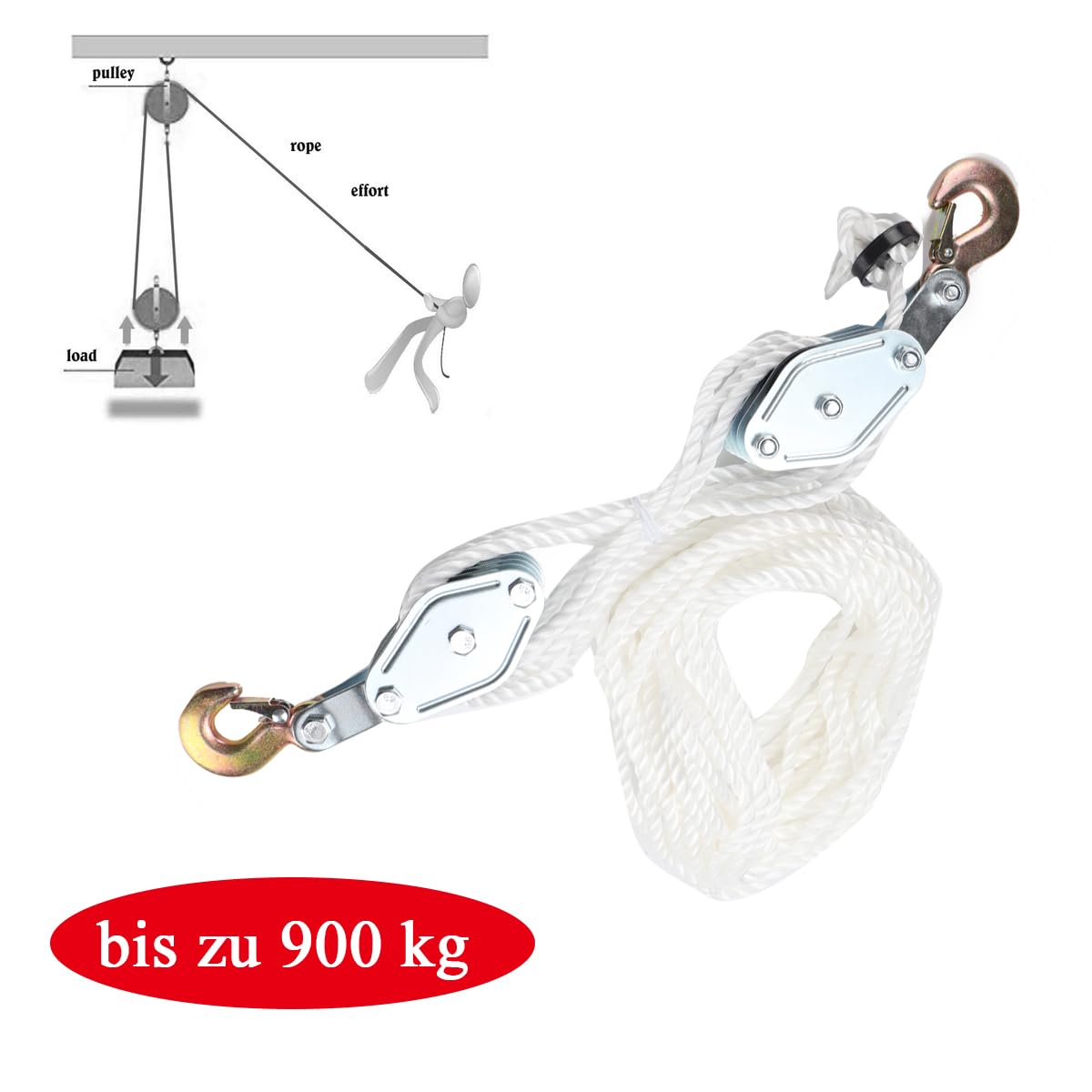 Flaschenzug mit Seilbremse Seilratsche, Edelstahl Umlenkrolle mit Haken 20m Nylonseil, zum Heben Lasten bis 900 kg Flaschenzugrolle Seilzug
