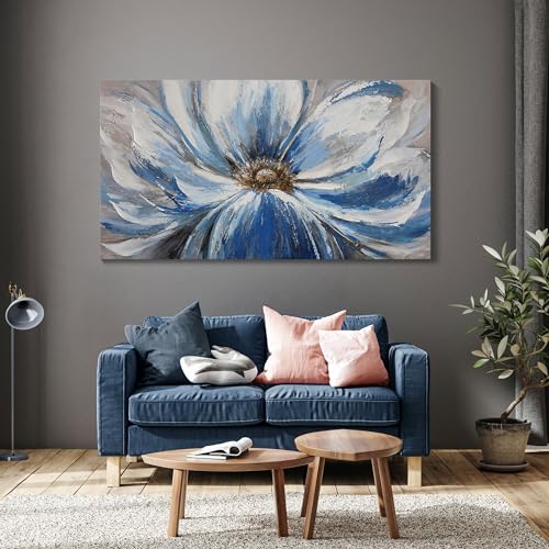 Image of Large Blue Wall Art Framed, White Blue Flower Canvas Wall Decor for Living Room Bedroom, Modern Botanical Floral Painting Picture Artwork, 29x58 Inch Big Size Ready to Hang
