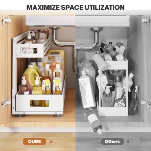 Image of 2 Pack 21IN-Depth Under Sink Organizer,Pull Out Cabinet Organizer With Smooth Cylindrical Rail,Metal Slide Out Drawer for Kitchen Bathroom Laundry,8-Level Tool Free Height Adjustable-White