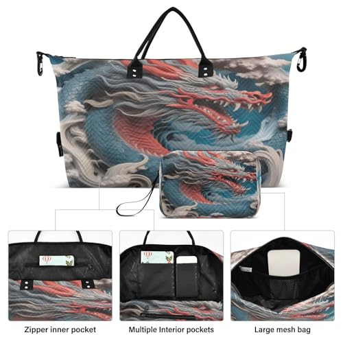 Grey Cloud Dragon Travel Duffel Bag Large Capacity Weekender Bag with Toiletry Bag Detachable Shoulder Strap Travel Tote Bag for Women2