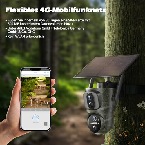 VOOPEAK 4G LTE Doppelobjektiv Wildkamera Solar, 1080P Live Übertragung, Wildkamera mit...